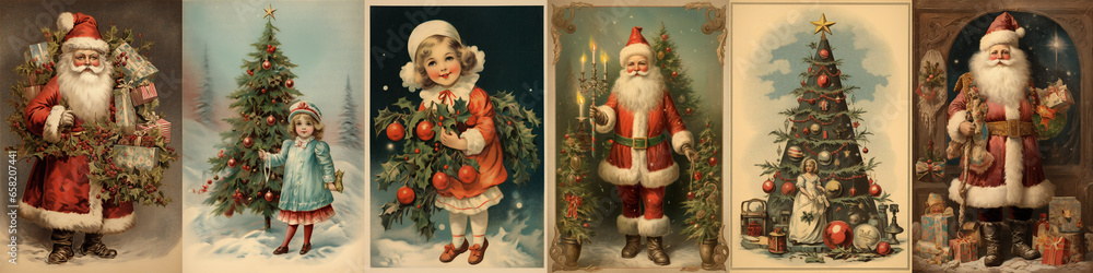 Set of vintage antique style Christmas and holiday greeting cards, Santa Claus, ephemera girls and Chrismas tree illustration - obrazy, fototapety, plakaty 