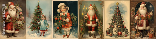 Set of vintage antique style Christmas and holiday greeting cards, Santa Claus, ephemera girls and Chrismas tree illustration