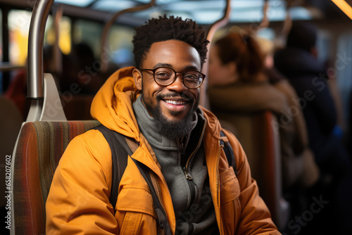 African American man commuting on a bus photo