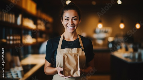 Small cafe owner or barista woman holding coffee pouch paper bag package in hands