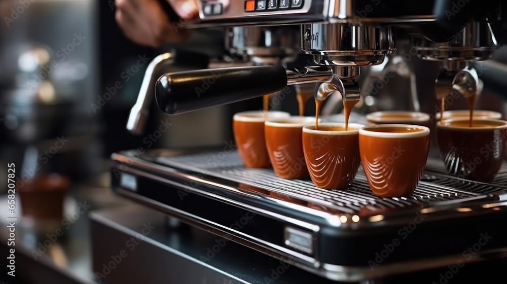 Espresso pouring from coffee machine to cup at cafe close up Espresso pouring from coffee machine to cup at cafe close up