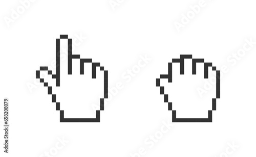 Set of flat pixel hand cursor icons, Hand mouse pixelated sign stock illustration.