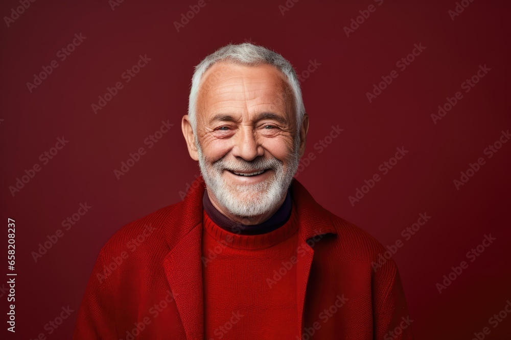 Elderly man with a knowing smile against a deep wine-red background - Wisdom and contentment - Studio Shot - AI Generated Elderly man with a knowing smile against a deep wine-red background - Wisdom and contentment - Studio Shot - AI Generated