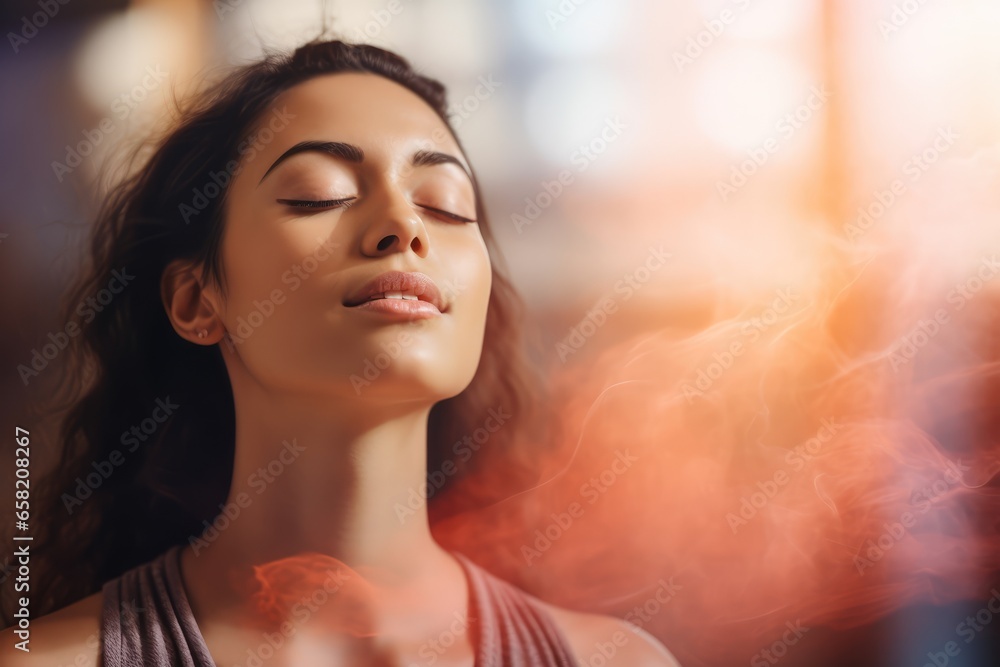 Woman using deep breathing to alleviate stress - Breath as a beacon - AI Generated - obrazy, fototapety, plakaty 