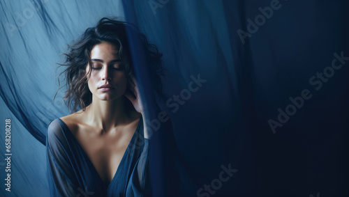 Woman lost in deep thought against a contemplative indigo background - Reflective solitude - Studio Background - AI Generated