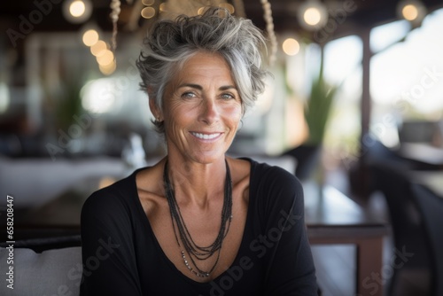 Portrait of smiling mature woman sitting at table in cafe and looking at camera