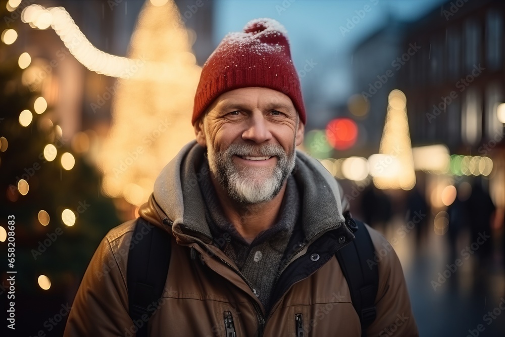 Portrait of a happy senior man at Christmas market, wearing hat and coat Portrait of a happy senior man at Christmas market, wearing hat and coat