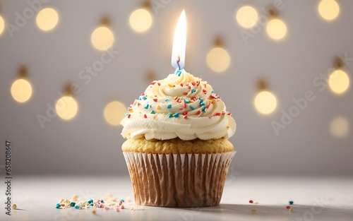 Cupcake cake with cream and a candle for happy birthday celebration present in the pastry shop with white background