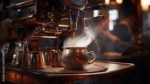 Fancy vintage coffee machine in steampunk style pouring espresso