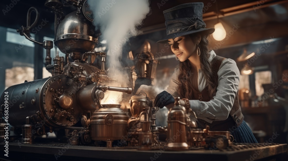 Fancy barista woman in steampunk style making coffee using vintage coffee machine - obrazy, fototapety, plakaty 