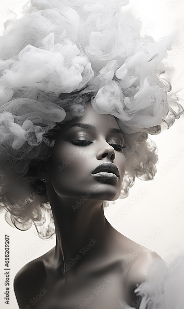 dark-skinned girl in clouds of smoke, portrait of a girl in smoke