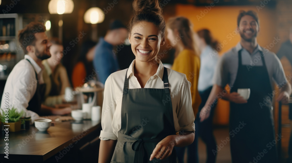 Small cafe business owner smiling and looking at camera Small cafe business owner smiling and looking at camera
