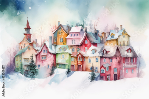 Fairy Tale Winter Town, watercolor. Cute Colorful Christmas Houses and Old City Street in snow. Merry Christmas and Happy New Year Background