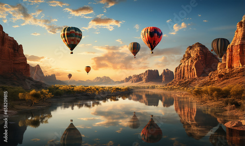 mesmerizing landscape where multiple hot air balloons gracefully soar over a sprawling expanse