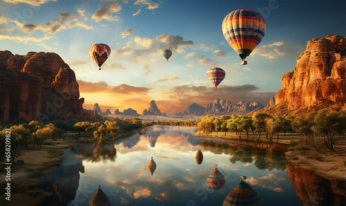 mesmerizing landscape where multiple hot air balloons gracefully soar over a sprawling expanse