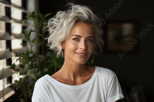 A smiling young woman with blond hair in casual attire. Generated AI photo