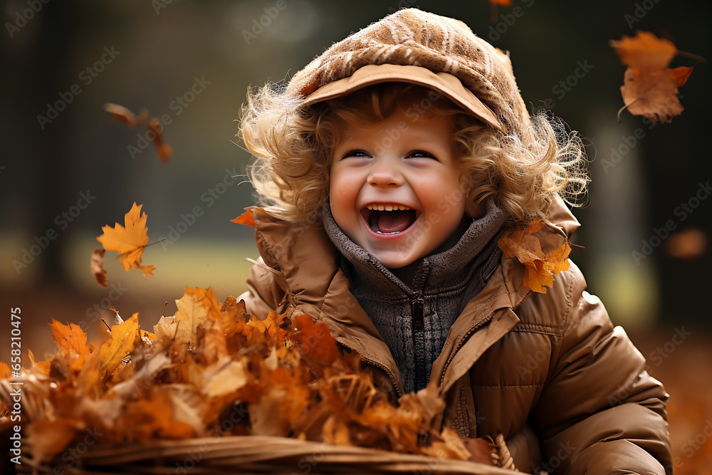 Little child with a cap playing with fallen autumn leaves in a park. travel and tourism, marketing campaign. Little child with a cap playing with fallen autumn leaves in a park. travel and tourism, marketing campaign.
