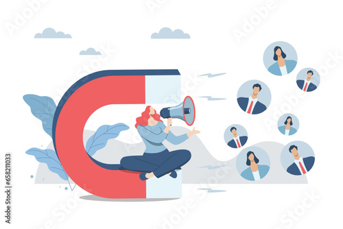 Customer communication, Important message, Business marketing materials with campaign attracting important customers, Businesswoman advertising or announcement with megaphone, sitting on big magnet.
