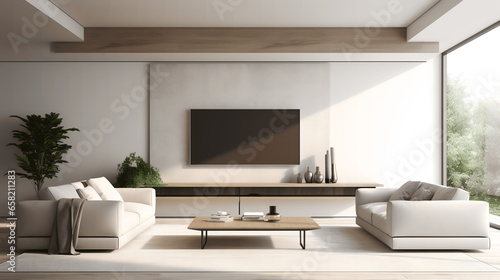 Sleek Minimalism - Modern Living Room Interior Design with Stylish TV Setup  generative Ai