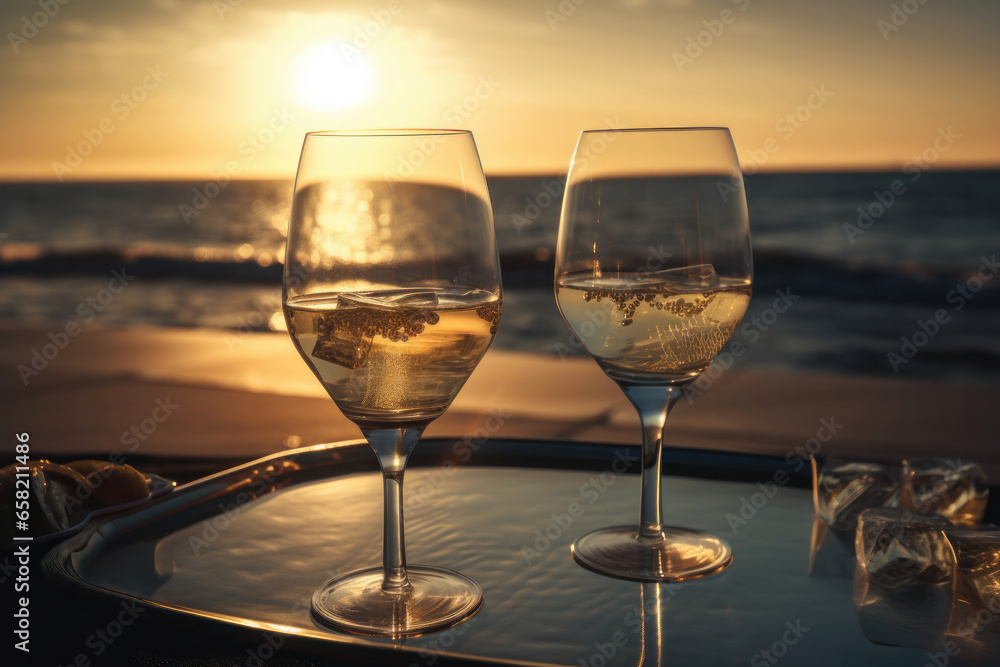 Sip on a delicious champagne beverage at a table reflecting the beauty of a golden sunset. AI Generative.