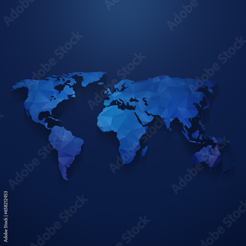 Blue 3d polygon pattern world map with light effect and shadow on a dark blue background. High resolution clean and modern world map.