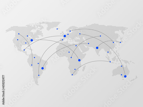 Dotted gray halftone world map with curving lines or flight paths connecting blue dots as cities. Concept illustration of global communications and transportation, traveling and globalization.