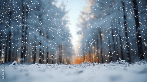 Low angle winter forest landscape blurry background with snow trees and snowfall © Keitma