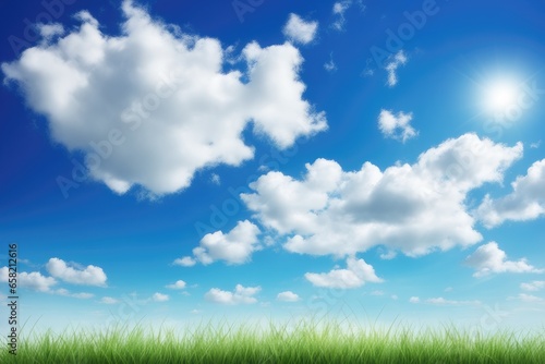 Green grass and blue sky with white clouds background