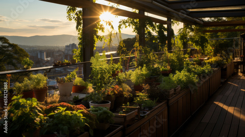 Urban rooftop garden in a terrace of a capital city with sun light photo