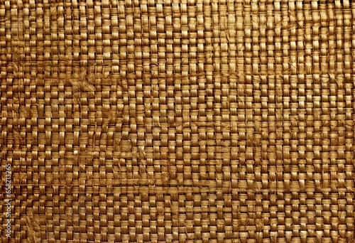 Gold weaved texture with irregular structures, details. Flat wicker basket weave texture, material background for luxury backdrop, card, banner. Antique, rough surface, textile, fabric.