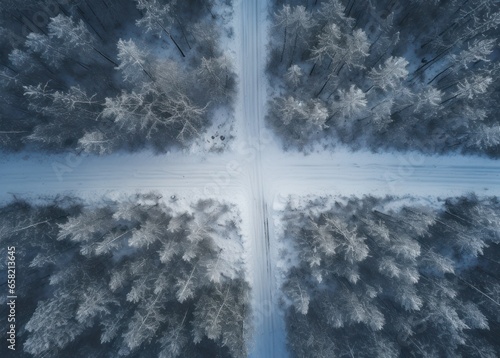 an aerial shot of snowy road in the middle of a forest