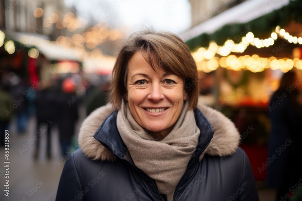 Portrait of happy mature woman at Christmas market in Paris, France