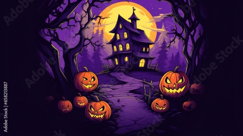Halloween Haunted House Graphic Tee with Pumpkin Heads and Violet Background