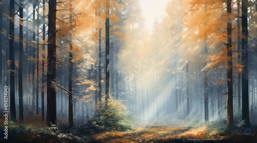 impressionist style oil painting. Tranquil forest scene with a misty atmosphere