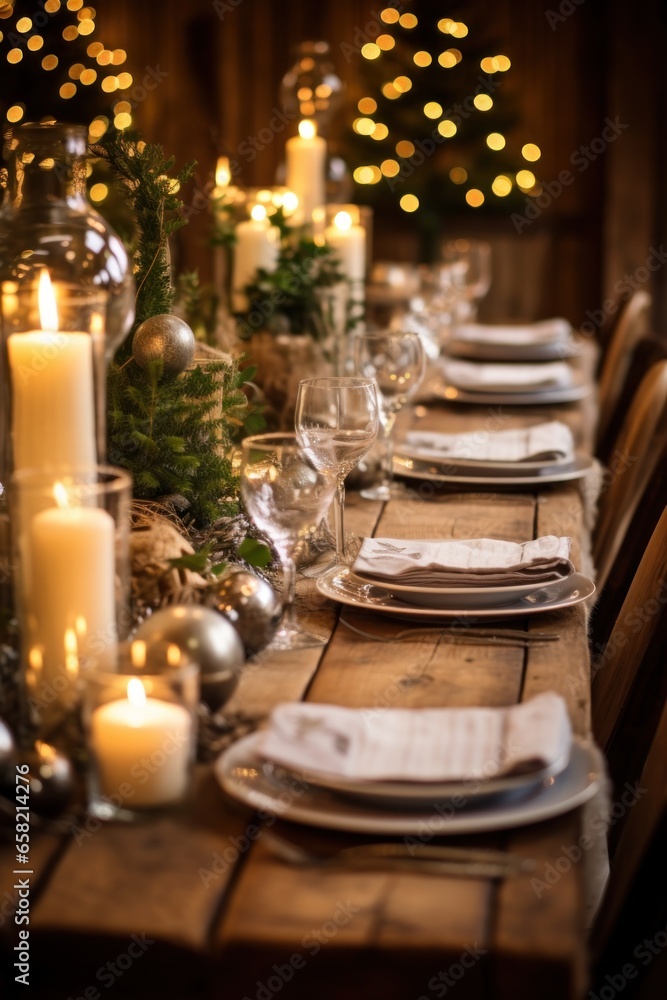 Rustic wooden table setting with festive accents