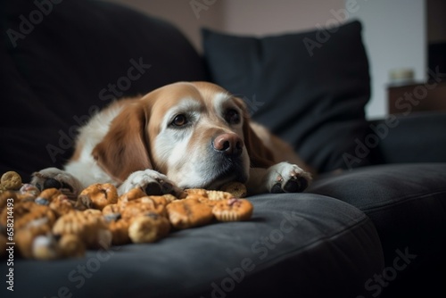 Overweight dog dozing on sofa with snacks, watching TV. Generative AI
