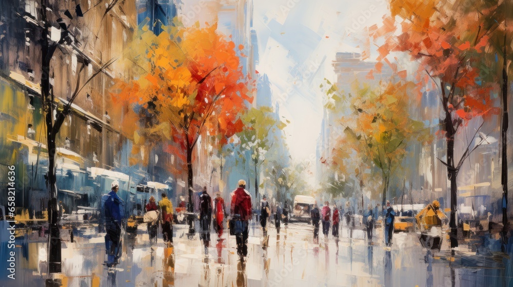 impressionist style oil painting. Bustling cityscape with bold brushstrokes and pops of color - obrazy, fototapety, plakaty 