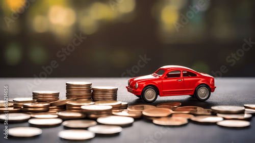 Red Car on Coins Illustration, Conceptualizing Car Insurance and Loan Savings, generative Ai