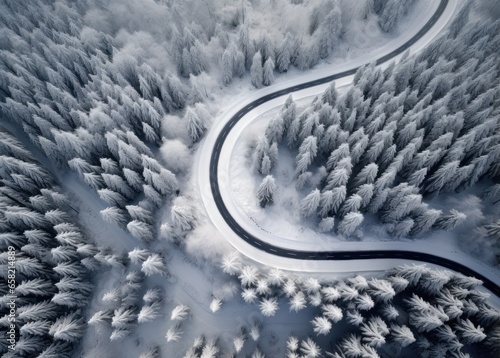 the shot shows a winter road in snow covered trees © olegganko
