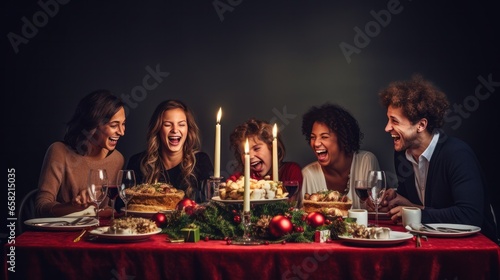 photo of happy family at christmas dinner in the style of minimalist backgrounds