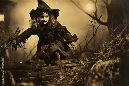 Enchanting child witch apparently levitating on a broomstick against a moonlit night.