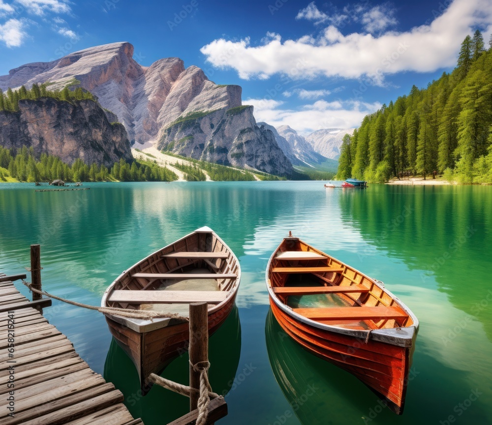 two wooden boats tied to a wooden dock in the mountains
