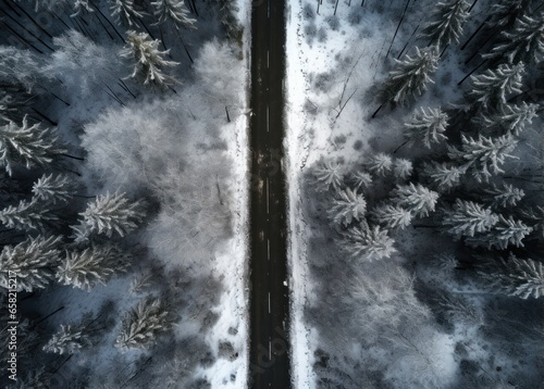 an aerial shot of snowy road in the middle of a forest