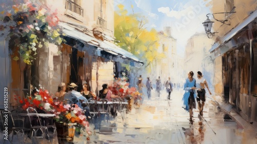 impressionist style oil painting. Bustling cityscape with bold brushstrokes a...