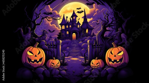 Halloween Haunted House Graphic Tee with Pumpkin Heads and Violet Background