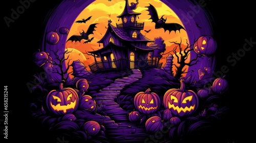 Halloween Haunted House Graphic Tee with Pumpkin Heads and Violet Background