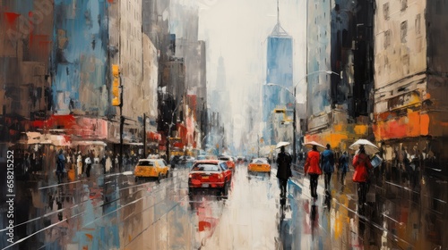 impressionist style oil painting. Bustling cityscape with bold brushstrokes a...