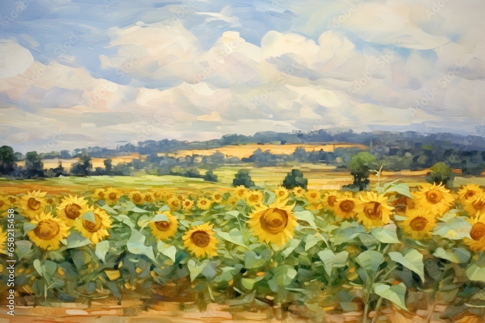 a sunflower field in the countryside under a cloudy sky