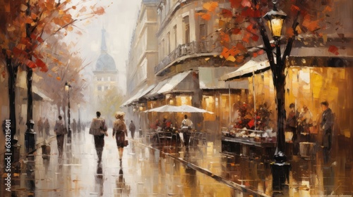 impressionist style oil painting. Bustling cityscape with bold brushstrokes a...