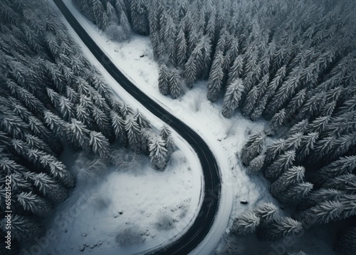 an aerial shot of snowy road in the middle of a forest